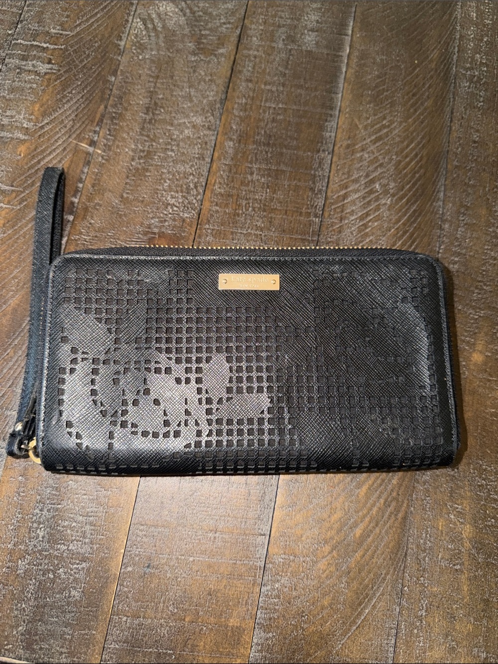 kate spade Black Perforated Leather Clutch with Gold Logo Plate